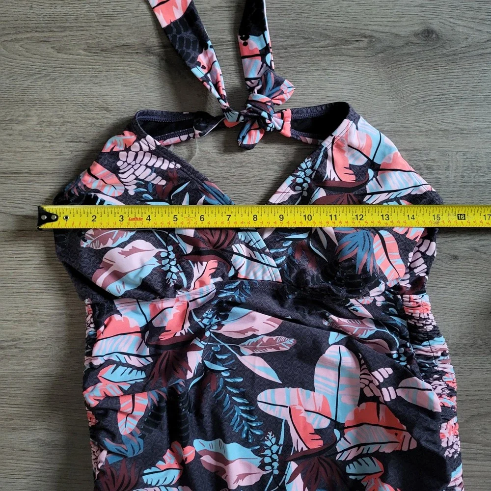 Motherhood Maternity Halter One Piece Swimsuit Tropical Leaf Print Pink Blue M